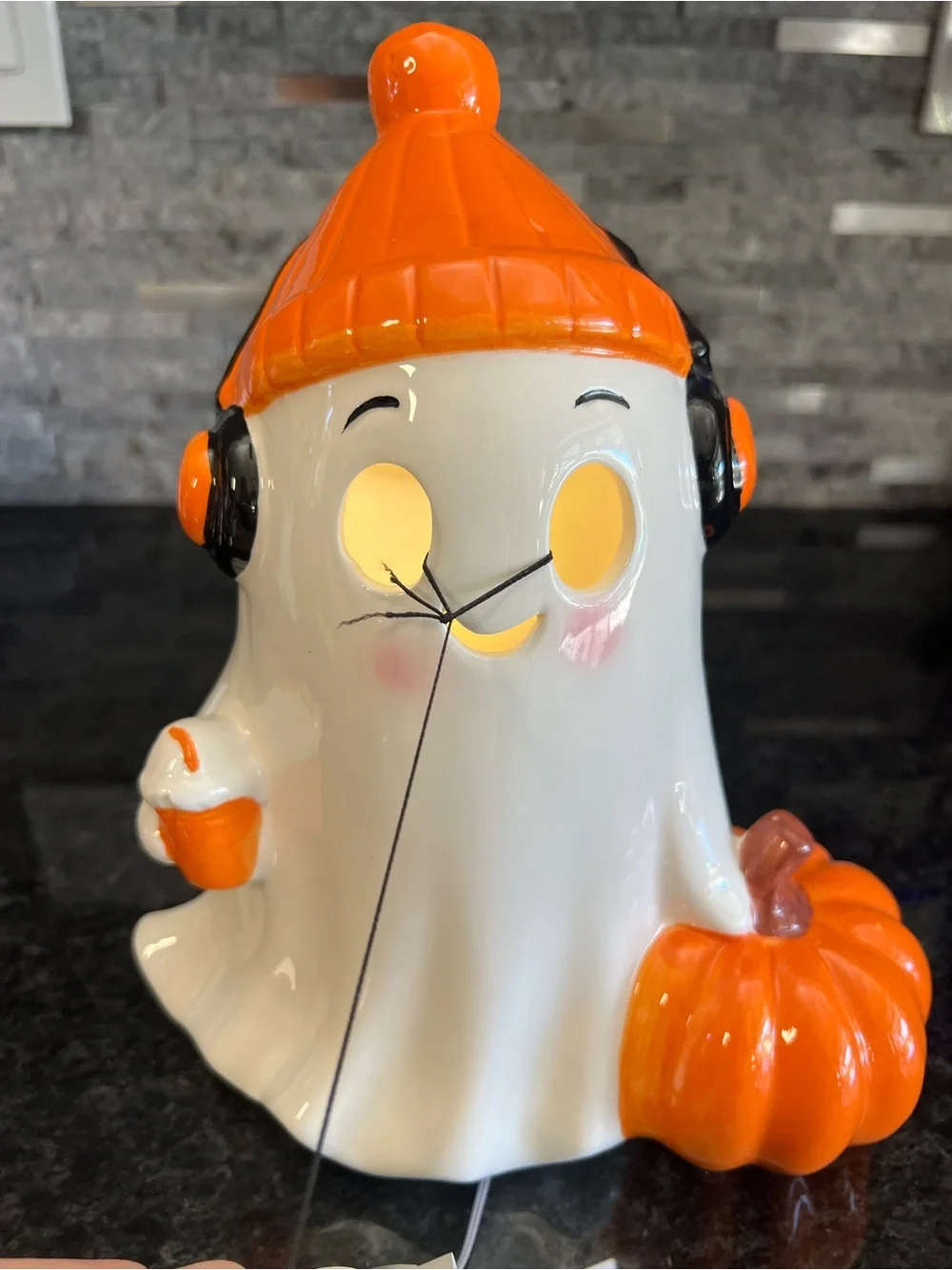 GHOULISH LED Light Up Ceramic Ghost With Headphones, Coffee & Pumpkin